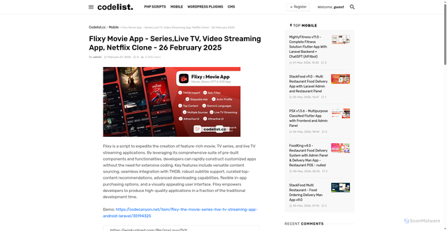 Security scan screenshot of https://codelist.cc/apps3/256914-flixy-movie-app-serieslive-tv-video-streaming-app-netflix-clone-26-february-2025.html