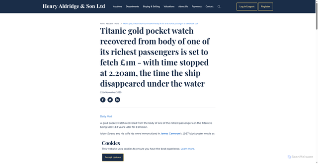 Security scan screenshot of https://www.henryaldridge.com/about-us/news/titanic-gold-pocket-watch-recovered-from-body-of-one-of-its-richest-passengers-is-set-to-fetch-1m/