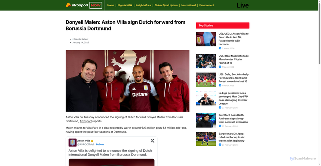 Security scan screenshot of https://afrosportnow.com/donyell-malen-aston-villa-sign-dutch-forward-from-borussia-dortmund/