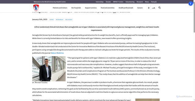 Security scan screenshot of https://muhc.ca/news-and-patient-stories/news/semaglutide-known-ozempic-can-be-beneficial-people-type-1-diabetes
