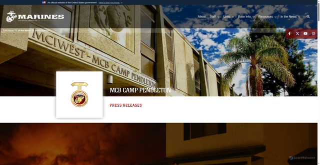 Security scan screenshot of https://www.pendleton.marines.mil/In-the-News/Press-Releases/Article/536710/federal-team-helps-with-fire-on-base/