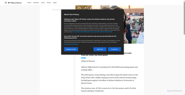 Security scan screenshot of https://www.the-review.com/story/news/local/2025/10/08/gabby-heslop-named-2025-alliance-fall-homecoming-queen/86548792007/