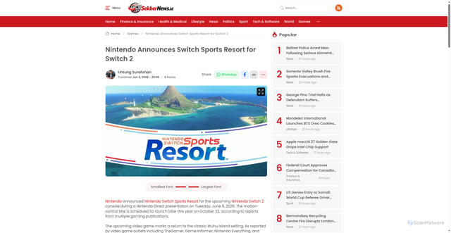 Security scan screenshot of https://www.sekbernews.id/en/nintendo-announces-switch-sports-resort