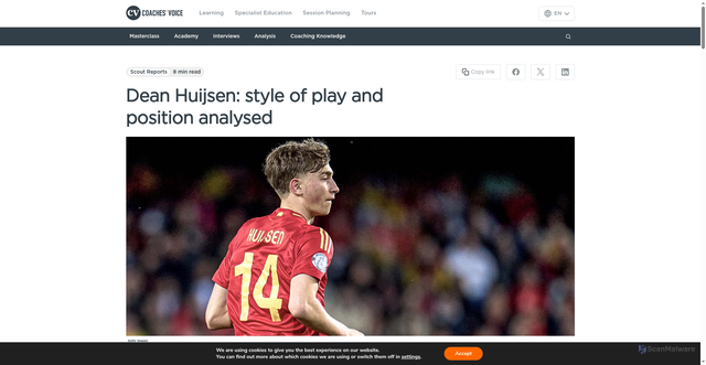 Security scan screenshot of https://learning.coachesvoice.com/cv/dean-huijsen-bournemouth-spain/
