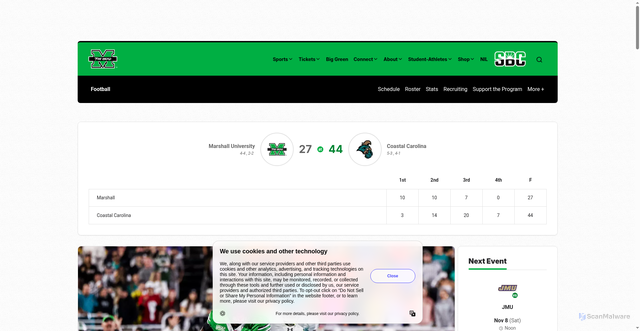 Security scan screenshot of https://herdzone.com/news/2025/10/31/marshall-football-falls-to-coastal-carolina-44-27