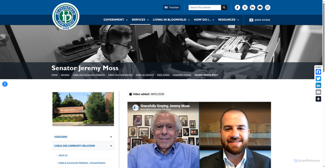 Security scan screenshot of https://www.bloomfieldtwp.org/vod/2026-shows/gracefully-greying/senator-jeremy-moss/