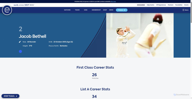 Security scan screenshot of https://edgbaston.com/team/jacob-bethell/