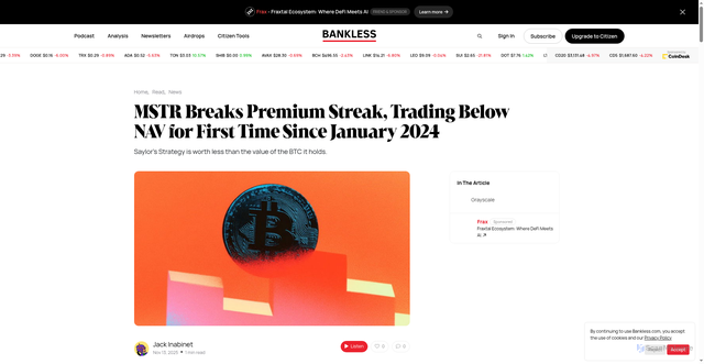 Security scan screenshot of https://www.bankless.com/read/news/mstr-breaks-premium-streak-trading-below-nav-for-first-time-since-january-2024