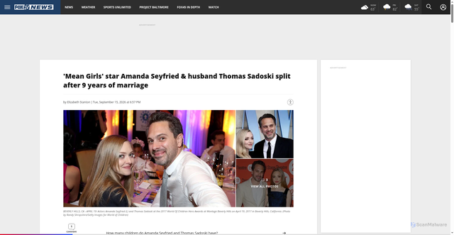 Security scan screenshot of https://foxbaltimore.com/news/entertainment/mean-girls-star-amanda-seyfried-husband-thomas-sadoski-split-after-9-years-of-marriage