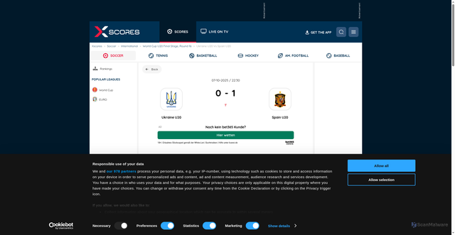 Security scan screenshot of https://www.xscores.com/soccer/match/international/ukraine-u20-vs-spain-u20/2025/2497816