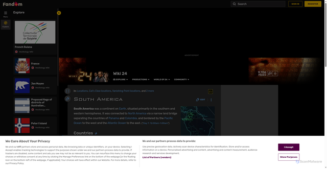 Security scan screenshot of https://24.fandom.com/wiki/South_America