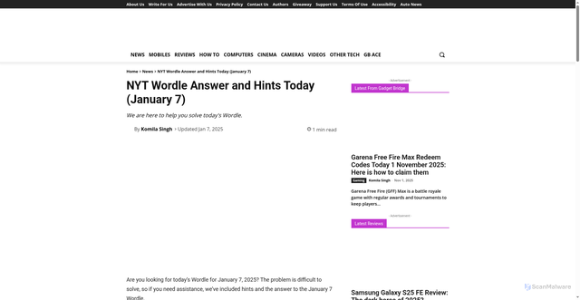 Security scan screenshot of https://www.gadgetbridge.com/mobiles/nyt-wordle-answer-and-hints-today-january-7/