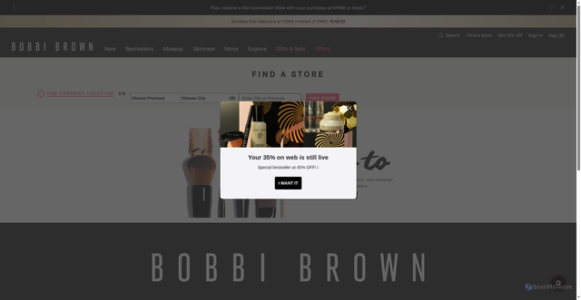 Security scan screenshot of https://www.bobbibrown.co.za/store_locator?_gl=1%2Am8wzzq%2A_up%2AMQ..&gclid=EAIaIQobChMI4Z3b9dDYjQMVHKlaBR0DAjYHEAAYASAAEgL-t_D_BwE&gbraid=0AAAAA-sckwVVq2MWvz8RVV0mKP20FvWKZ&lid=63spysehwuzz