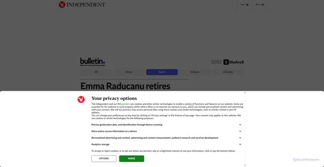 Security scan screenshot of https://www.independent.co.uk/bulletin/sport/emma-raducanu-wuhan-open-retirement-b2841051.html