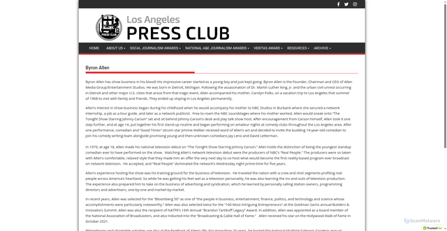 Security scan screenshot of https://lapressclub.org/byron-allen-bio/