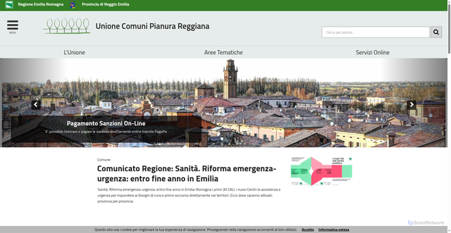 Security scan screenshot of https://www.pianurareggiana.it/servizi/notizie/notizie_homepage.aspx