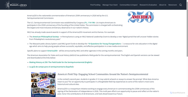 Security scan screenshot of https://www.imls.gov/our-work/partnerships/america250