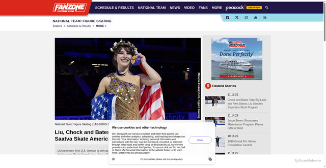 Security scan screenshot of https://usfigureskatingfanzone.com/news/2025/11/16/national-team-figure-skating-liu-chock-and-bates-earn-historic-gold-medals-at-saatva-skate-america.aspx