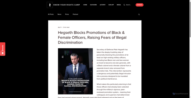 Security scan screenshot of https://www.knowyourrightscamp.org/post/hegseth-blocks-promotions-of-black-female-officers-raising-fears-of-illegal-discrimination