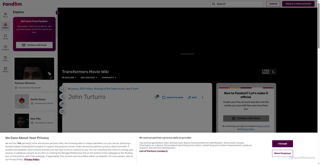 Security scan screenshot of https://michaelbaystransformers.fandom.com/wiki/John_Turturro