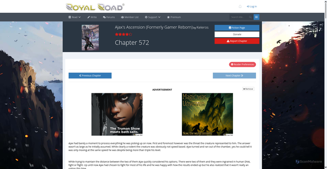 Security scan screenshot of https://www.royalroad.com/fiction/51664/ajaxs-ascension-formerly-gamer-reborn/chapter/2790843/chapter-572