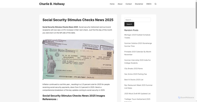 Security scan screenshot of https://charliebhollway.pages.dev/yjidb-social-security-stimulus-checks-news-2025-ousfp/