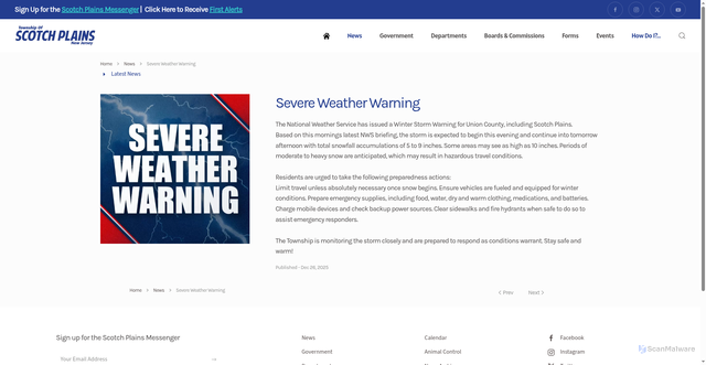 Security scan screenshot of https://scotchplainsnj.gov/index.php/news/1612-severe-weather-warning