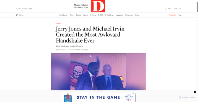 Security scan screenshot of https://www.dmagazine.com/frontburner/2023/01/jerry-jones-and-michael-irvin-created-the-most-awkward-handshake-ever/