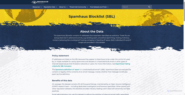 Security scan screenshot of https://www.spamhaus.org/blocklists/spamhaus-blocklist/