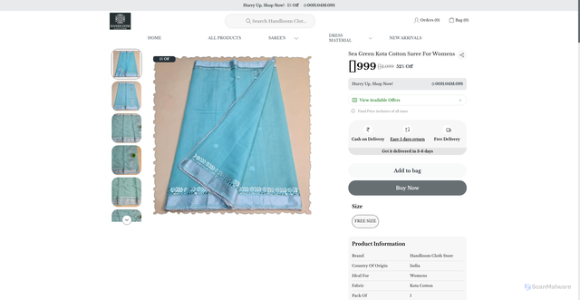 Security scan screenshot of https://handloomclothstore.com/Sea-Green-Kota-Cotton-Saree-For-Womens/catalogue/e5C-8mvj/OEz5RzmP