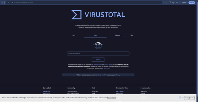 Security scan screenshot of https://www.virustotal.com/gui/home/url