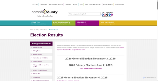 Security scan screenshot of https://www.camdencounty.com/service/voting-and-elections/election-results/