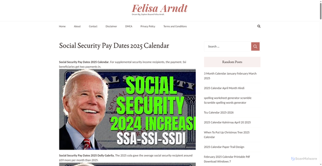 Security scan screenshot of https://felisaarndt.pages.dev/flsics-social-security-pay-dates-2025-calendar-rndtlgqv/