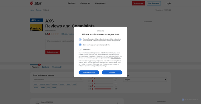 Security scan screenshot of https://axs.pissedconsumer.com/complaints/RT-P.html