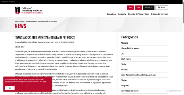 Security scan screenshot of https://vet.uga.edu/issues-associated-with-salmonella-in-pet-foods/