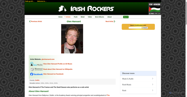 Security scan screenshot of https://irishrockers.com/artist/Glen%20Hansard