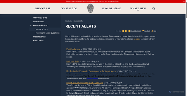 Security scan screenshot of https://www.nbpd.org/what-s-new/newport-notified/recent-alerts
