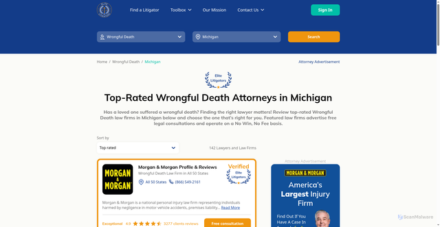 Security scan screenshot of https://elitelitigators.com/wrongful-death/michigan/