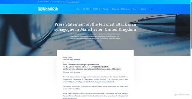 Security scan screenshot of https://www.unaoc.org/2025/10/press-statement-terrorist-attack-synagogue-manchester-uk/