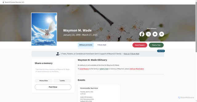 Security scan screenshot of https://bianchifuneralservices.com/tribute/details/429