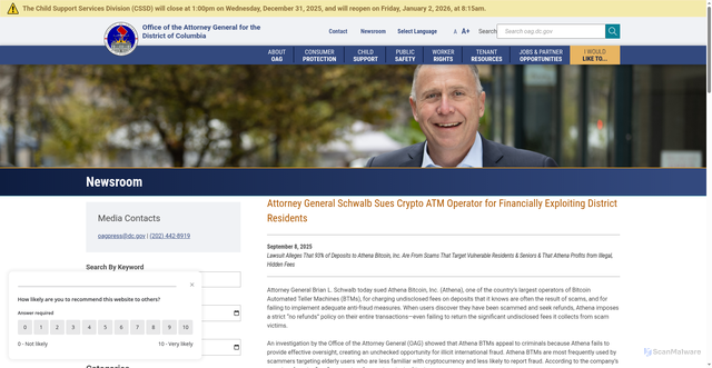 Security scan screenshot of https://oag.dc.gov/release/attorney-general-schwalb-sues-crypto-atm-operator