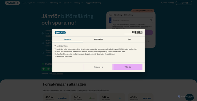 Security scan screenshot of https://www.zmarta.se/forsakring/bilforsakring?apcid=006a904f8ce9260caae3610e&utm_campaign=EarlyWeek_Zmarta_Insurance&utm_content=cta&utm_medium=email&utm_source=ortto&utm_term=cal-n19-c1