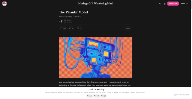 Security scan screenshot of https://zoescaman.substack.com/p/the-palantir-model
