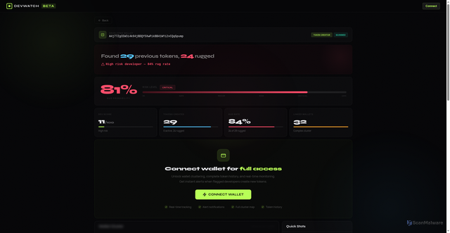 Security scan screenshot of https://check-yymcpb.devwatchdeploy.homes/?address=A4j77ZgCEW3i4k94jBDQY5XwPikBB41WYi2vCQqSpump