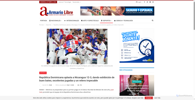 Security scan screenshot of https://www.armariolibre.com.do/republica-dominicana-aplasta-a-nicaragua-12-3-dando-exhibicion-de-buen-bateo-excelentes-jugadas-y-un-relevo-impecable/