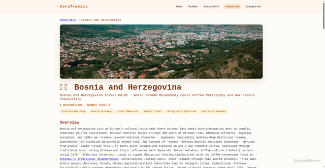 Security scan screenshot of https://coratravels.com/countries/bosnia-herzegovina