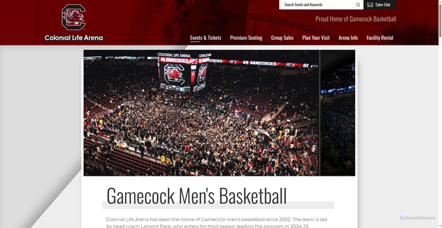 Security scan screenshot of https://www.coloniallifearena.com/events/gamecock-mens-basketball