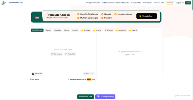 Security scan screenshot of https://paraphraser.io