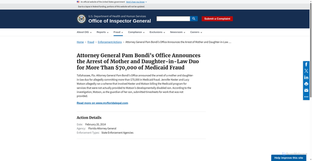 Security scan screenshot of https://oig.hhs.gov/fraud/enforcement/attorney-general-pam-bondis-office-announces-the-arrest-of-mother-and-daughter-in-law-duo-for-more-than-70000-of-medicaid-fraud/