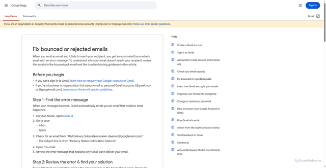 Security scan screenshot of https://support.google.com/mail/answer/6596